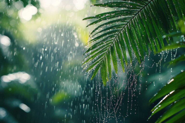 Rain on palm leaf